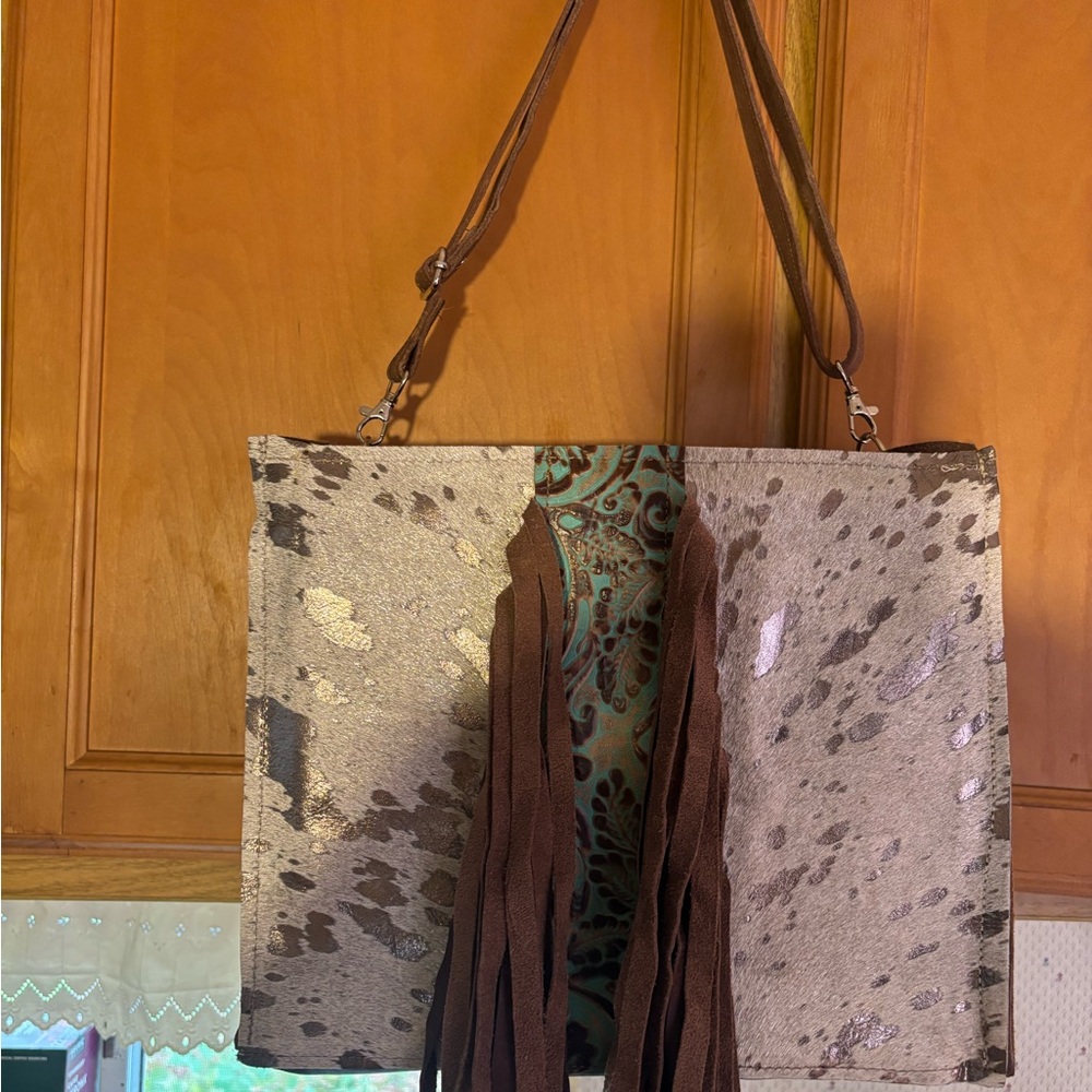 Dancing Cactus Designs Fringe Accent Cowhide Shoulder Bag in Brown and Cream